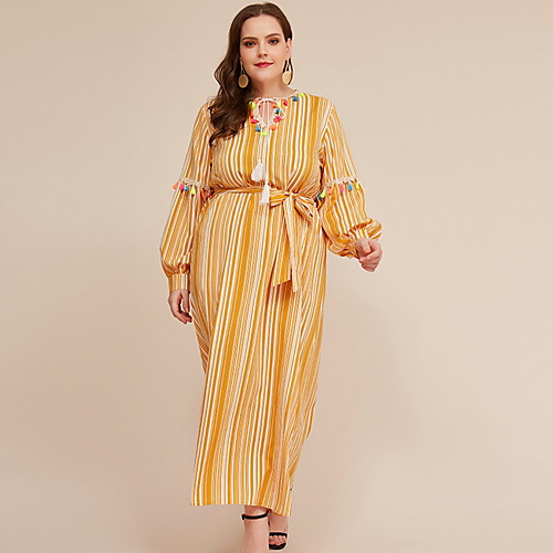 

Women's Plus Size Sheath Dress Maxi long Dress - Long Sleeve Striped Summer Elegant Loose 2020 Yellow XL XXL XXXL XXXXL XXXXXL