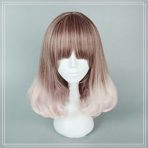 

Cosplay Wig Lolita Curly Cosplay Halloween Bob Neat Bang Wig Medium Length Light Brown Synthetic Hair 18 inch Women's Anime Cosplay Ombre Hair Mixed Color