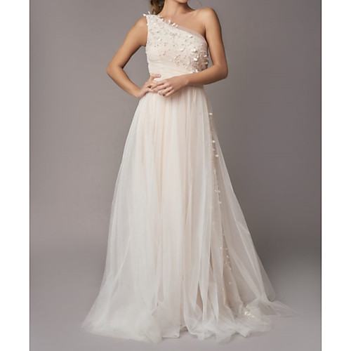 A-Line Wedding Dresses One Shoulder Sweep / Brush Train Tulle Sleeveless Country Backless with Appliques 2021
A-Line Wedding Dresses One Shoulder Sweep / Brush Train Tulle Sleeveless Country Backless with Appliques 2021