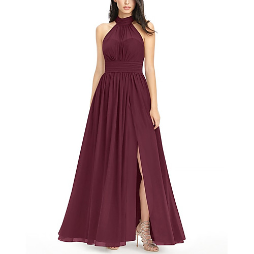 A-Line Halter Neck Floor Length Chiffon Bridesmaid Dress with Pleats / Split Front
A-Line Halter Neck Floor Length Chiffon Bridesmaid Dress with Pleats / Split Front