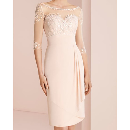 

Sheath / Column Mother of the Bride Dress Elegant Illusion Neck Jewel Neck Knee Length Chiffon 3/4 Length Sleeve with Pleats Embroidery 2021