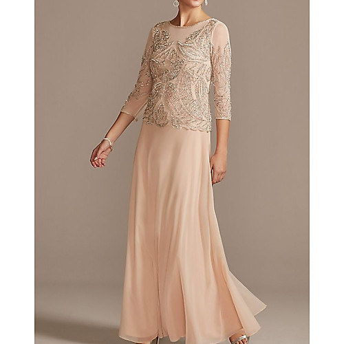 

Sheath / Column Mother of the Bride Dress Elegant Jewel Neck Floor Length Chiffon Half Sleeve with Pleats Beading 2021