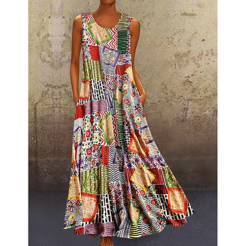 

Women's A-Line Dress Maxi long Dress - Sleeveless Tribal Print Summer Casual Mumu Holiday Vacation 2020 Khaki M L XL XXL XXXL XXXXL XXXXXL