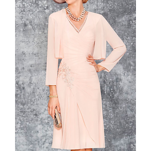 Two Piece Sheath / Column Mother of the Bride Dress Elegant V Neck Knee Length Chiffon 3/4 Length Sleeve with Pleats Embroidery 2021
Two Piece Sheath / Column Mother of the Bride Dress Elegant V Neck Knee Length Chiffon 3/4 Length Sleeve with Pleats Embroidery 2021