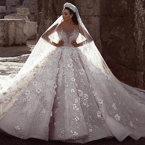 A-Line Wedding Dresses Jewel Neck Watteau Train Cathedral Train Tulle Sequined Lace Over Satin Long Sleeve Formal Glamorous Sparkle & Shine See-Through with Lace Beading Appliques 2020
A-Line Wedding Dresses Jewel Neck Watteau Train Cathedral Train Tulle Sequined Lace Over Satin Long Sleeve Formal Glamorous Sparkle & Shine See-Through with Lace Beading Appliques 2020