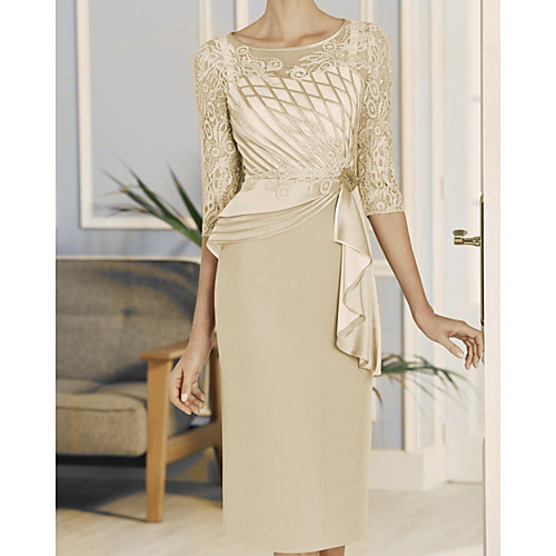Sheath / Column Mother of the Bride Dress Elegant Jewel Neck Knee Length Lace Satin 3/4 Length Sleeve with Ruffles Embroidery 2021
Sheath / Column Mother of the Bride Dress Elegant Jewel Neck Knee Length Lace Satin 3/4 Length Sleeve with Ruffles Embroidery 2021