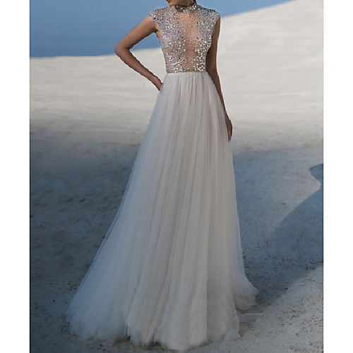 A-Line Wedding Dresses High Neck Sweep / Brush Train Tulle Cap Sleeve Beach Sexy See-Through with Beading 2020
A-Line Wedding Dresses High Neck Sweep / Brush Train Tulle Cap Sleeve Beach Sexy See-Through with Beading 2020