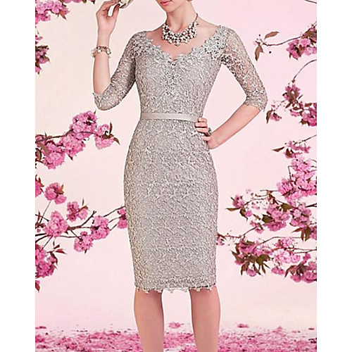 Sheath / Column Mother of the Bride Dress Elegant V Neck Knee Length Lace 3/4 Length Sleeve with Sash / Ribbon Appliques 2020
Sheath / Column Mother of the Bride Dress Elegant V Neck Knee Length Lace 3/4 Length Sleeve with Sash / Ribbon Appliques 2020