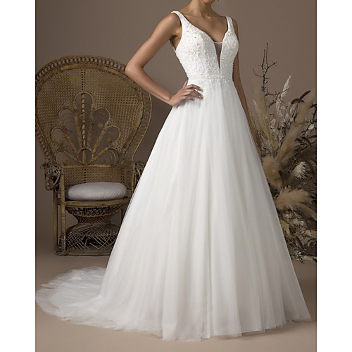 A-Line Wedding Dresses V Neck Sweep / Brush Train Lace Tulle Sleeveless Formal with Embroidery 2020
A-Line Wedding Dresses V Neck Sweep / Brush Train Lace Tulle Sleeveless Formal with Embroidery 2020