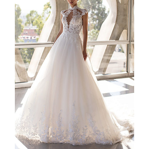 Ball Gown Wedding Dresses High Neck Sweep / Brush Train Tulle Cap Sleeve Formal with Appliques 2020
Ball Gown Wedding Dresses High Neck Sweep / Brush Train Tulle Cap Sleeve Formal with Appliques 2020