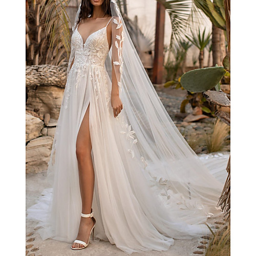 A-Line Wedding Dresses V Neck Court Train Lace Satin Tulle Sleeveless Vintage Sexy with Appliques Split Front 2020
A-Line Wedding Dresses V Neck Court Train Lace Satin Tulle Sleeveless Vintage Sexy with Appliques Split Front 2020