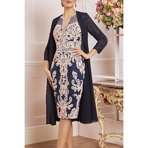 Two Piece Sheath / Column Mother of the Bride Dress Plus Size Jewel Neck Knee Length Chiffon Lace 3/4 Length Sleeve with Lace Appliques 2020
Two Piece Sheath / Column Mother of the Bride Dress Plus Size Jewel Neck Knee Length Chiffon Lace 3/4 Length Sleeve with Lace Appliques 2020