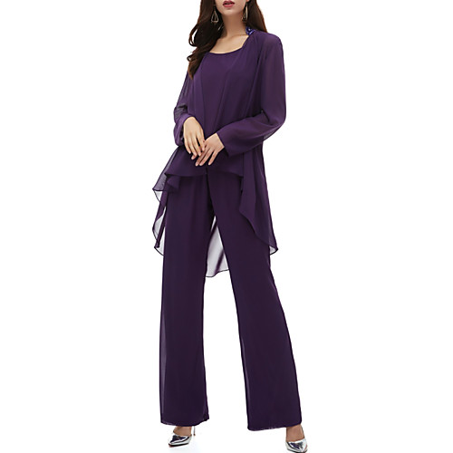 Pantsuit / Jumpsuit Mother of the Bride Dress Elegant Jewel Neck Floor Length Chiffon Long Sleeve with Pleats 2020
Pantsuit / Jumpsuit Mother of the Bride Dress Elegant Jewel Neck Floor Length Chiffon Long Sleeve with Pleats 2020