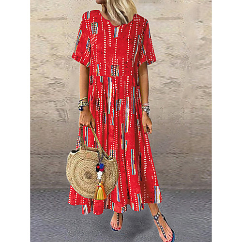 

Women's Swing Dress Maxi long Dress - Short Sleeves Geometric Ruched Print Summer Fall Casual Vintage Daily Holiday Linen Purple Red S M L XL XXL XXXL XXXXL XXXXXL