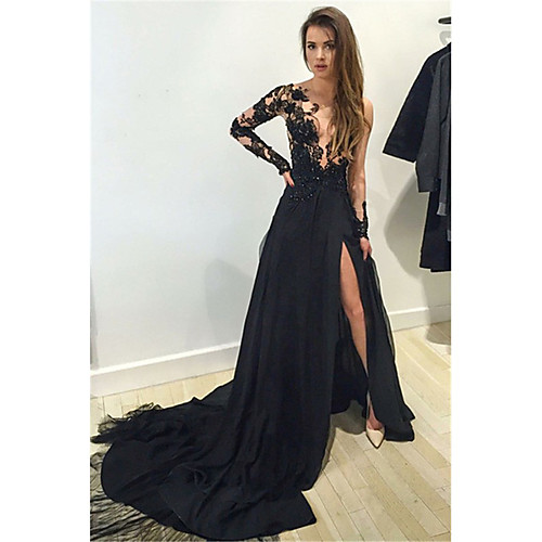 

A-Line Sexy See Through Formal Evening Dress Jewel Neck Long Sleeve Chapel Train Chiffon with Appliques Split Front 2021