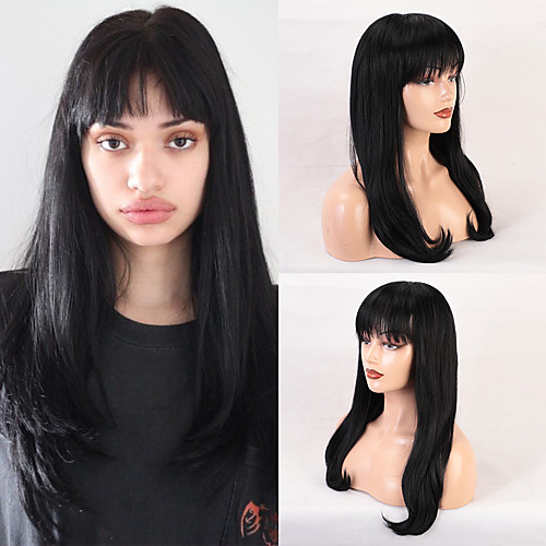 

Remy Human Hair Wig Very Long Straight Natural Straight Neat Bang With Bangs Black Women Fashion Natural Hairline Capless Women's All Natural Black #1B 24 inch / African American Wig