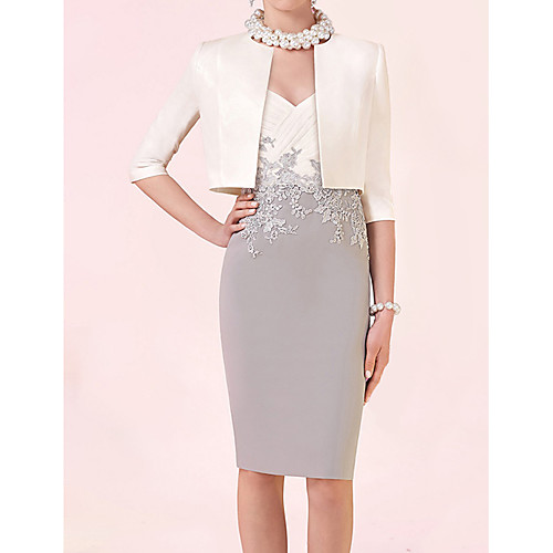 Two Piece Sheath / Column Mother of the Bride Dress Elegant V Neck Knee Length Lace Satin 3/4 Length Sleeve with Appliques Color Block 2021
Two Piece Sheath / Column Mother of the Bride Dress Elegant V Neck Knee Length Lace Satin 3/4 Length Sleeve with Appliques Color Block 2021