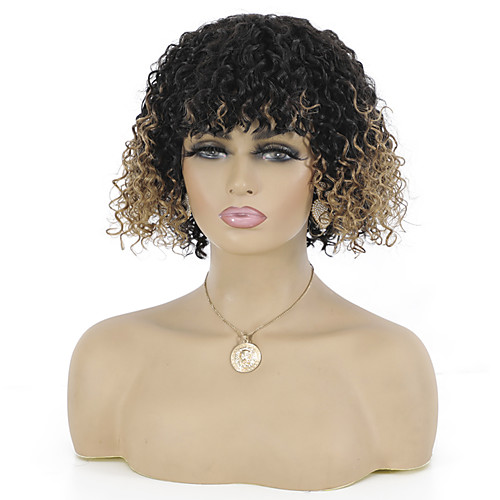 

Remy Human Hair Wig Short Jerry Curl Neat Bang Multi-color Best Quality Capless Brazilian Hair Women's Ombre Black / Medium Auburn 10 inch