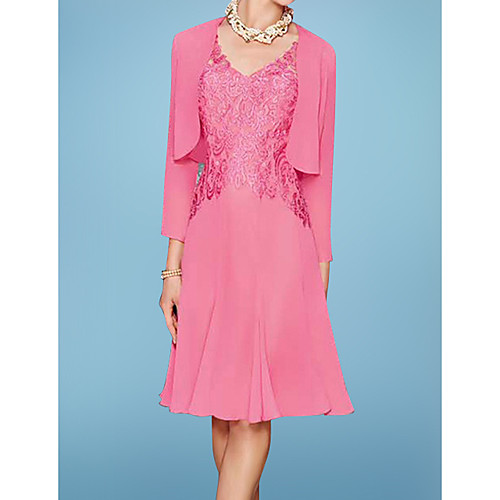 Two Piece A-Line Mother of the Bride Dress Elegant V Neck Knee Length Chiffon Lace 3/4 Length Sleeve with Pleats Appliques 2021
Two Piece A-Line Mother of the Bride Dress Elegant V Neck Knee Length Chiffon Lace 3/4 Length Sleeve with Pleats Appliques 2021