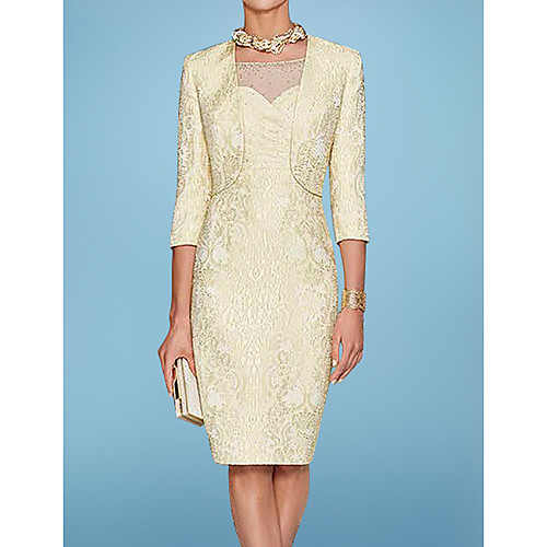 Two Piece Sheath / Column Mother of the Bride Dress Elegant Illusion Neck Knee Length Lace Satin 3/4 Length Sleeve with Appliques 2021
Two Piece Sheath / Column Mother of the Bride Dress Elegant Illusion Neck Knee Length Lace Satin 3/4 Length Sleeve with Appliques 2021
