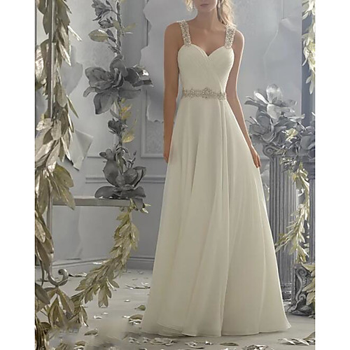 

A-Line Wedding Dresses Sweetheart Neckline Sweep / Brush Train Chiffon Lace Spaghetti Strap Simple Sparkle & Shine Backless with Beading Lace Insert 2021