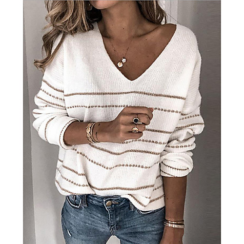 Women's Basic Striped Pullover Long Sleeve Loose Sweater Cardigans V Neck Fall Winter White Black Blushing Pink
Women's Basic Striped Pullover Long Sleeve Loose Sweater Cardigans V Neck Fall Winter White Black Blushing Pink