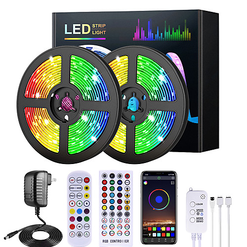 

5M 10M 15M 20M RGB LED Strip Lights Music Sync 12V Waterproof LED Strip 2835 SMD Color Changing LED Light with Bluetooth Controller and 100-240V Adapter for Bedroom Home TV Back Light DIY Deco