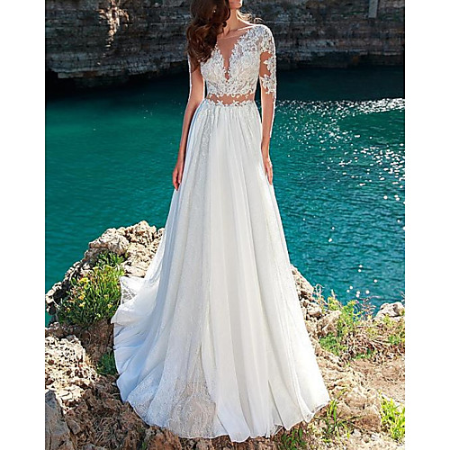 A-Line Wedding Dresses Jewel Neck Sweep / Brush Train Chiffon Lace Long Sleeve Beach with Pleats Appliques 2021
A-Line Wedding Dresses Jewel Neck Sweep / Brush Train Chiffon Lace Long Sleeve Beach with Pleats Appliques 2021