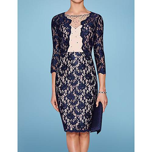 Two Piece Sheath / Column Mother of the Bride Dress Elegant Illusion Neck Knee Length Lace Satin 3/4 Length Sleeve with Beading 2021
Two Piece Sheath / Column Mother of the Bride Dress Elegant Illusion Neck Knee Length Lace Satin 3/4 Length Sleeve with Beading 2021