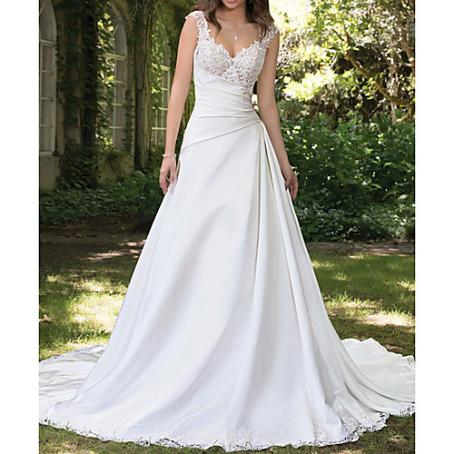 A-Line Wedding Dresses Sweetheart Neckline Chapel Train Lace Satin Sleeveless Formal with Ruched Appliques 2021
A-Line Wedding Dresses Sweetheart Neckline Chapel Train Lace Satin Sleeveless Formal with Ruched Appliques 2021