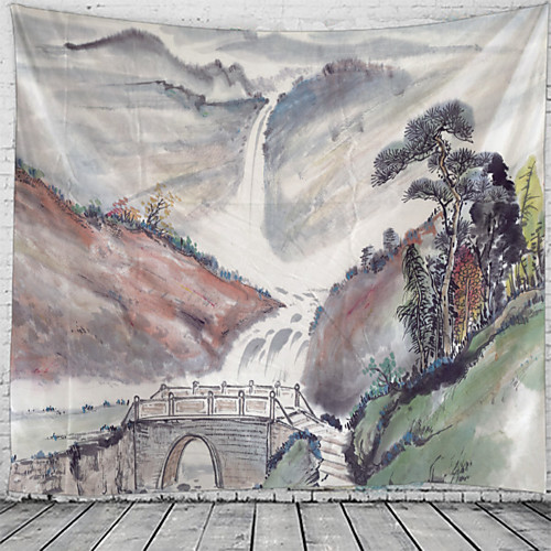 

Chinese Ink Painting Style Wall Tapestry Art Decor Blanket Curtain Hanging Home Bedroom Living Room Decoration Landscape Mountain River Bridge