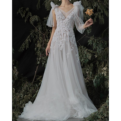 A-Line Wedding Dresses V Neck Sweep / Brush Train Lace Tulle Sleeveless Country with Appliques 2021
A-Line Wedding Dresses V Neck Sweep / Brush Train Lace Tulle Sleeveless Country with Appliques 2021