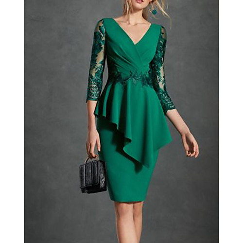 Sheath / Column Mother of the Bride Dress Elegant V Neck Knee Length Lace Satin Half Sleeve with Ruffles Appliques 2021
Sheath / Column Mother of the Bride Dress Elegant V Neck Knee Length Lace Satin Half Sleeve with Ruffles Appliques 2021