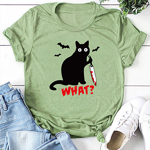 Women's Halloween T shirt Cat Letter Print Round Neck Tops Cotton Basic Halloween Basic Top White Black Blue
Women's Halloween T shirt Cat Letter Print Round Neck Tops Cotton Basic Halloween Basic Top White Black Blue