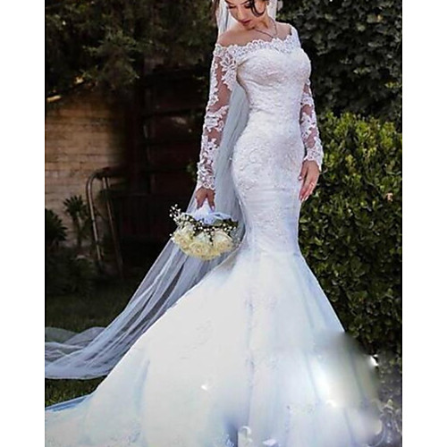 Mermaid / Trumpet Wedding Dresses Off Shoulder Sweep / Brush Train Lace Tulle Long Sleeve Country with Appliques 2021
Mermaid / Trumpet Wedding Dresses Off Shoulder Sweep / Brush Train Lace Tulle Long Sleeve Country with Appliques 2021