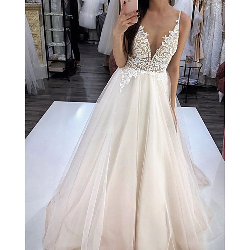 A-Line Wedding Dresses V Neck Sweep / Brush Train Lace Satin Tulle Sleeveless Sexy with 2021
A-Line Wedding Dresses V Neck Sweep / Brush Train Lace Satin Tulle Sleeveless Sexy with 2021