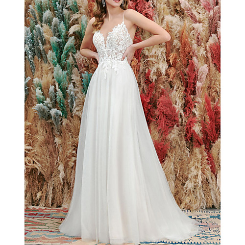 A-Line Wedding Dresses V Neck Floor Length Lace Tulle Sleeveless Beach with Appliques 2021
A-Line Wedding Dresses V Neck Floor Length Lace Tulle Sleeveless Beach with Appliques 2021