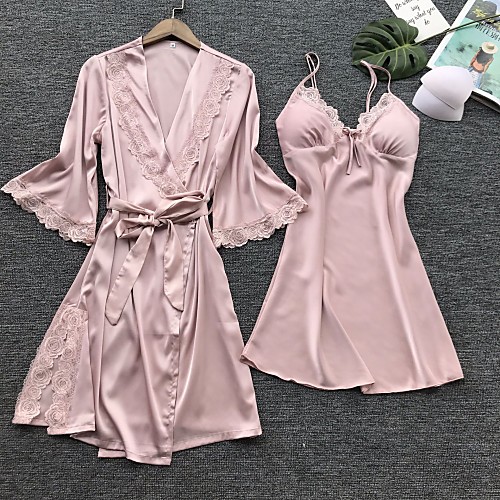 

Women's Lace Bow Mesh Robes Suits Nightwear Patchwork Jacquard Embroidered Red / Blushing Pink / Khaki S M L