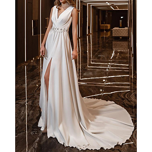 Mermaid / Trumpet Wedding Dresses V Neck Court Train Satin 3/4 Length Sleeve Vintage with Split Front Crystal Brooch 2021
Mermaid / Trumpet Wedding Dresses V Neck Court Train Satin 3/4 Length Sleeve Vintage with Split Front Crystal Brooch 2021