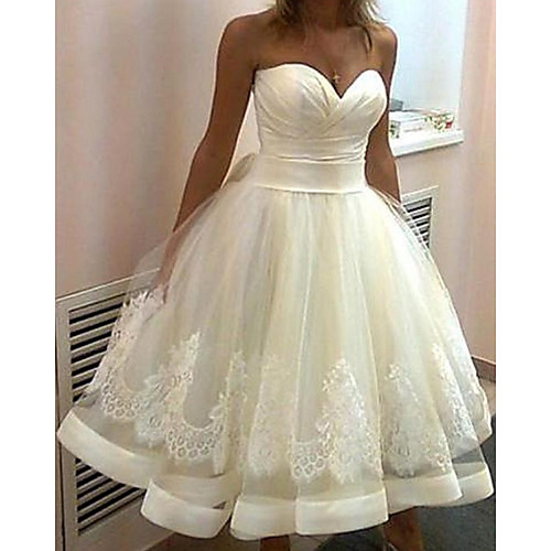 Ball Gown Wedding Dresses Strapless Knee Length Lace Tulle Sleeveless Vintage 1950s with Ruched Appliques 2021
Ball Gown Wedding Dresses Strapless Knee Length Lace Tulle Sleeveless Vintage 1950s with Ruched Appliques 2021