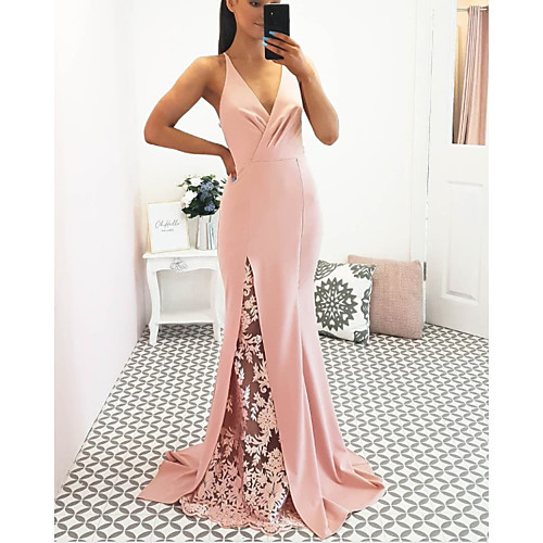 A-Line Minimalist Sexy Wedding Guest Formal Evening Dress V Neck Sleeveless Sweep / Brush Train Lace Satin with Split Appliques 2021
A-Line Minimalist Sexy Wedding Guest Formal Evening Dress V Neck Sleeveless Sweep / Brush Train Lace Satin with Split Appliques 2021