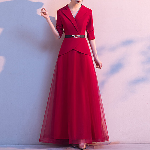 A-Line Minimalist Vintage Wedding Guest Formal Evening Dress V Neck Half Sleeve Floor Length Spandex Tulle with Sash / Ribbon 2021
A-Line Minimalist Vintage Wedding Guest Formal Evening Dress V Neck Half Sleeve Floor Length Spandex Tulle with Sash / Ribbon 2021