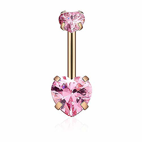 

love belly button rings double heart zircon 14g 316l stainless steel navel ring cz belly rings piercing jewelry (pinkrose gold)