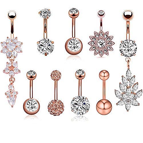 

9 pcs 14g stainless steel dangle belly button rings screw navel barbell piercing jewelry for women (rose gold)