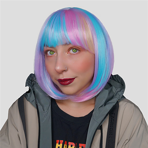 

Cosplay Costume Wig Synthetic Wig Ombre Natural Straight Silky Straight Bob With Bangs Wig Short Rainbow Synthetic Hair 16 inch Women's Cosplay Fashion Ombre Hair Ombre Mixed Color EMMOR