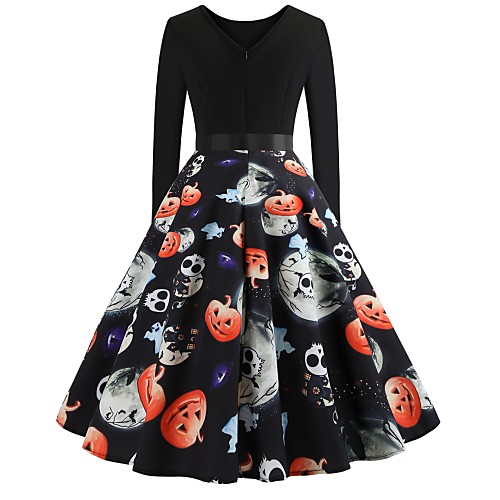 Women's Halloween A Line Dress Knee Length Dress Black Long Sleeve Pumpkin Skulls Print Patchwork Print Fall Round Neck Hot Vintage 2021 S M L XL XXL
Women's Halloween A Line Dress Knee Length Dress Black Long Sleeve Pumpkin Skulls Print Patchwork Print Fall Round Neck Hot Vintage 2021 S M L XL XXL