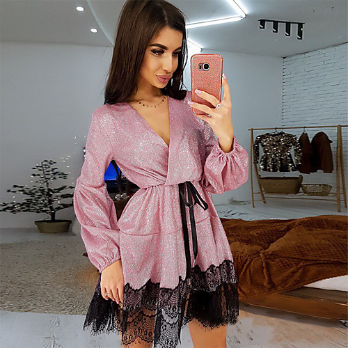 Women's A Line Dress Short Mini Dress Black Blue Yellow Blushing Pink Long Sleeve Solid Color Sequins Lace Patchwork Spring V Neck Sexy 2021 S M L XL XXL
Women's A Line Dress Short Mini Dress Black Blue Yellow Blushing Pink Long Sleeve Solid Color Sequins Lace Patchwork Spring V Neck Sexy 2021 S M L XL XXL