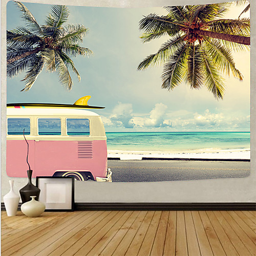 

Wall Tapestry Art Deco Blanket Curtain Picnic Table Cloth Hanging Home Bedroom Living Room Dormitory Decoration Polyester Fiber Beach Series Blue Sky Coconut Tree White Cloud Pink Car