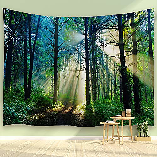 

sunshine forest tapestry morning green trees woodland grasses natural landscape wall hanging for living room bedroom dorm, 90 w x 60 l & #40;230cmx150cm& #41; - misty sunshine forest
