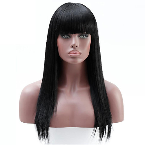 

Synthetic Wig Yaki Straight Neat Bang Wig Long Black Synthetic Hair Women's Classic Cool Black